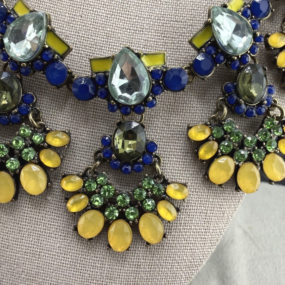 Baublebar Statement Bib Necklace Blue Yellow Green Rhinestone Gold Tone 17in